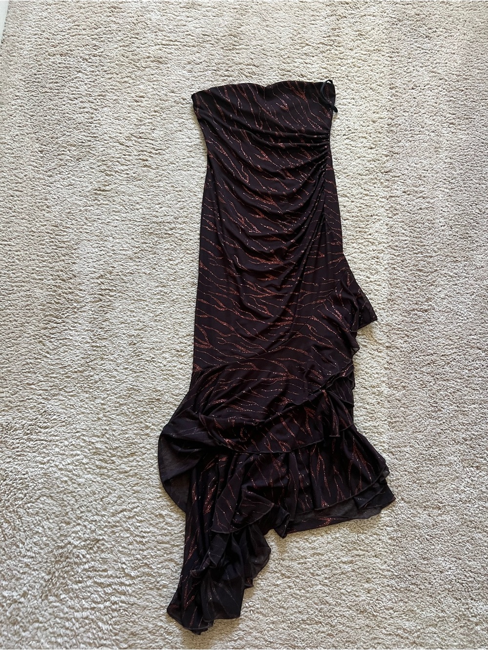 Vintage Y2K Asymmetrical Strapless Black Dress with Copper Accent
